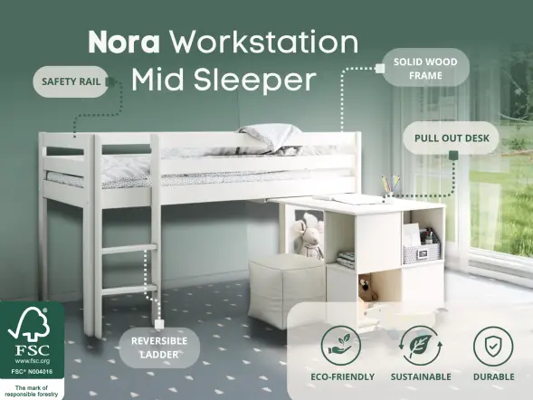 Wooden mid sleeper bed with desk and white FSC-certified pine frame 
