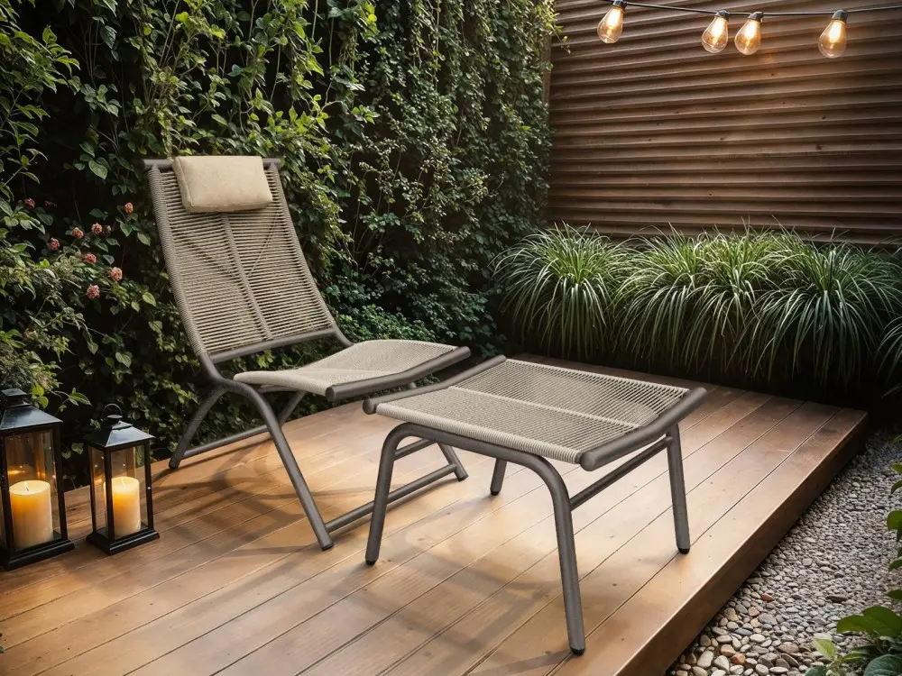Garden lounge chairs with matching footstools on a wooden deck in a modern outdoor setting