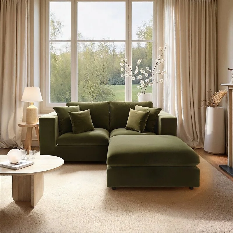 SOLACE+CO Asher 3 Seater Sofa with Reversible Footstool Khaki Green Velvet image 2