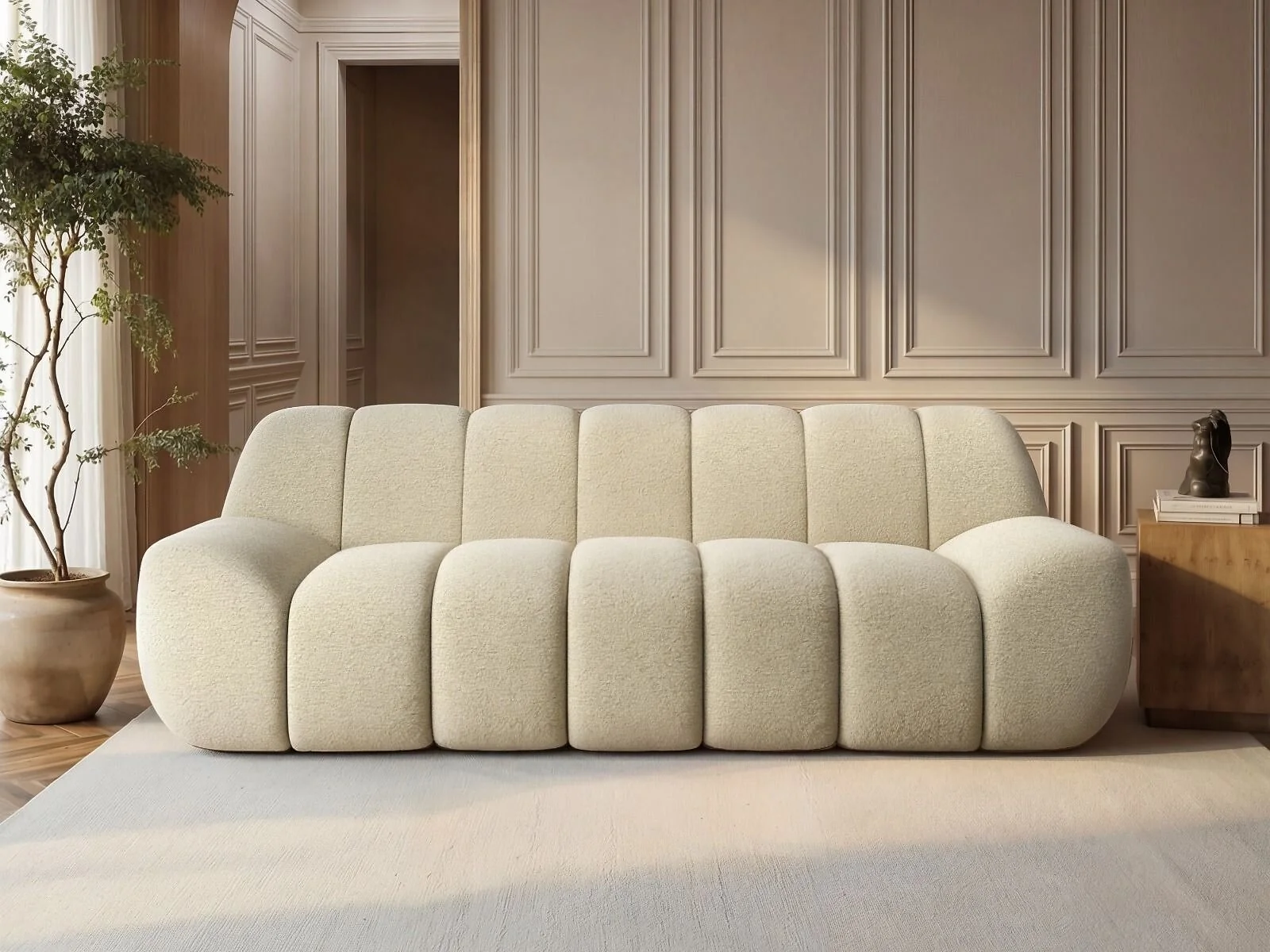 Macy large 3 seater sofa in cream textured fabric with sculpted panel design in a modern living room