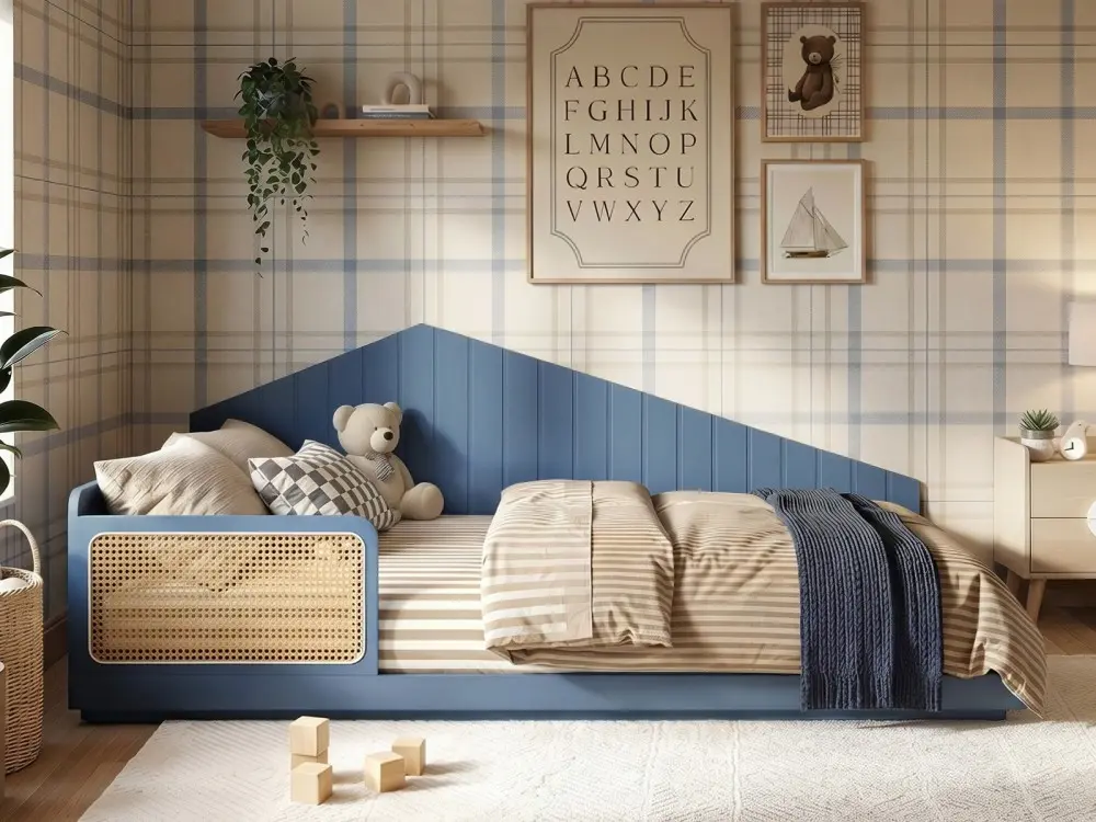 Flair Carter Small Double Montessori Bed with Rattan Panels Navy
