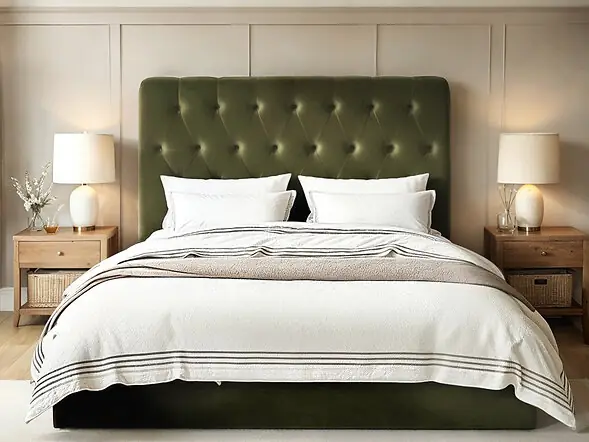 Flair Marley Buttoned Headboard Ottoman Bed Green Velvet