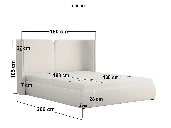 Dimensions diagram: SOLACE+CO Lumen Ottoman Bed with LED Winged Headboard