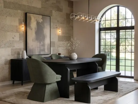 SOLACE+CO Varm Dining Set with Black Table, Bench & 4 Aiko Green Chairs