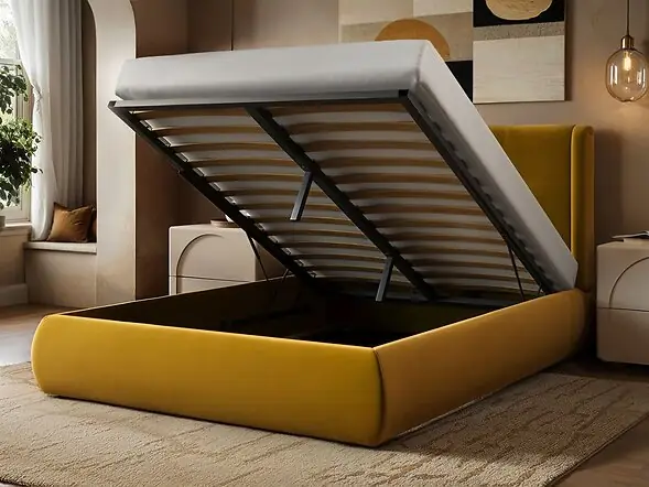 SOLACE+CO Monte Gold Velvet Winged Button Headboard Ottoman Bed