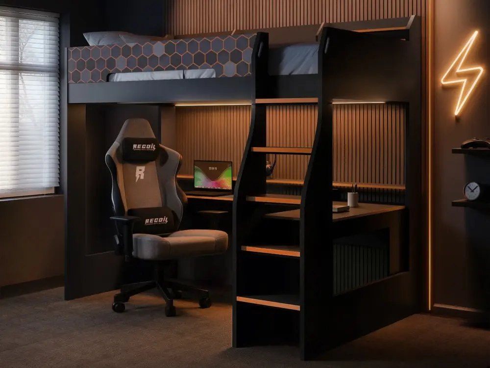 Recoil Lumi high sleeper gaming bed with desk and shelves

