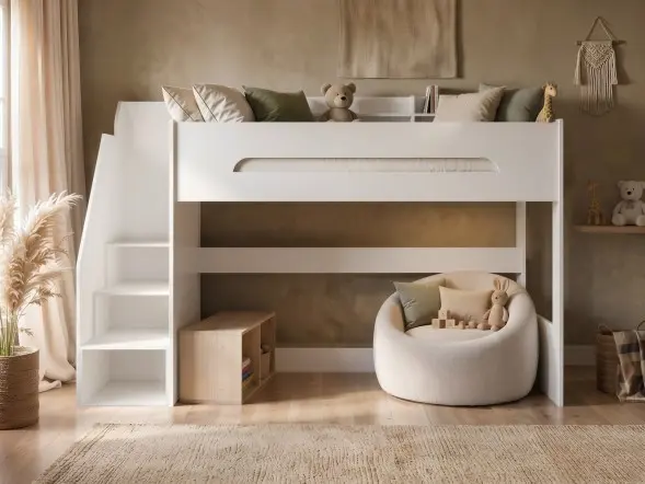  Flair Stepaside High Sleeper Bed with storage stairs in white 

