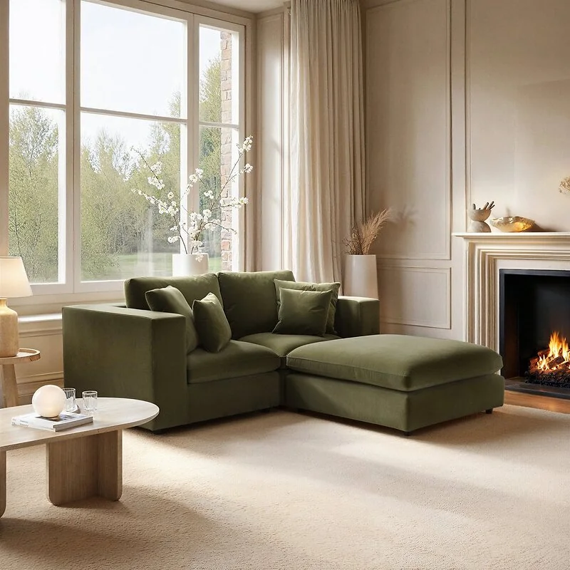 SOLACE+CO Asher 3 Seater Sofa with Reversible Footstool Khaki Green Velvet