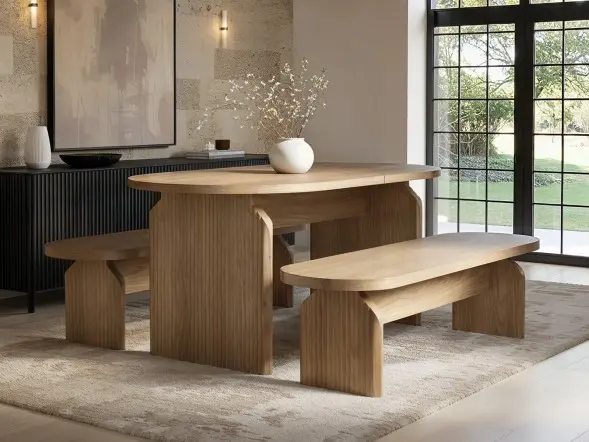 SOLACE+CO Varm Ribbed Oval Extendable Dining Table & 2 Bench Set