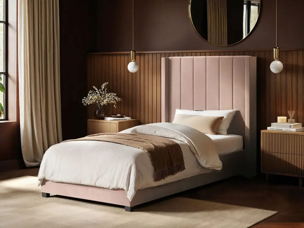 Flair Tiggy Single Ottoman Storage Bed in Pink Velvet with fluted winged headboard in a styled bedroom 
