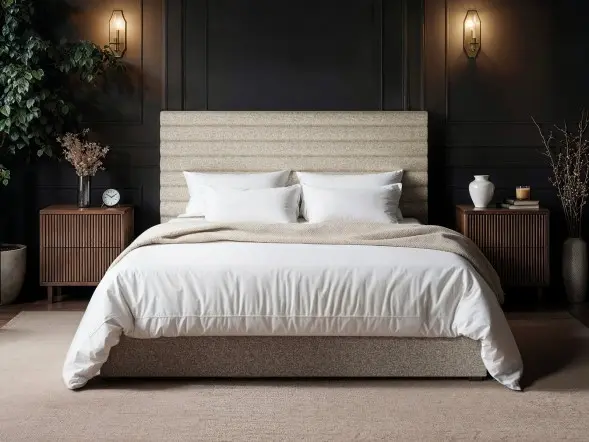 Chenille ottoman bed with horizontal panel headboard and lift-up storage base in a modern bedroom with dark walls and wooden flooring.

