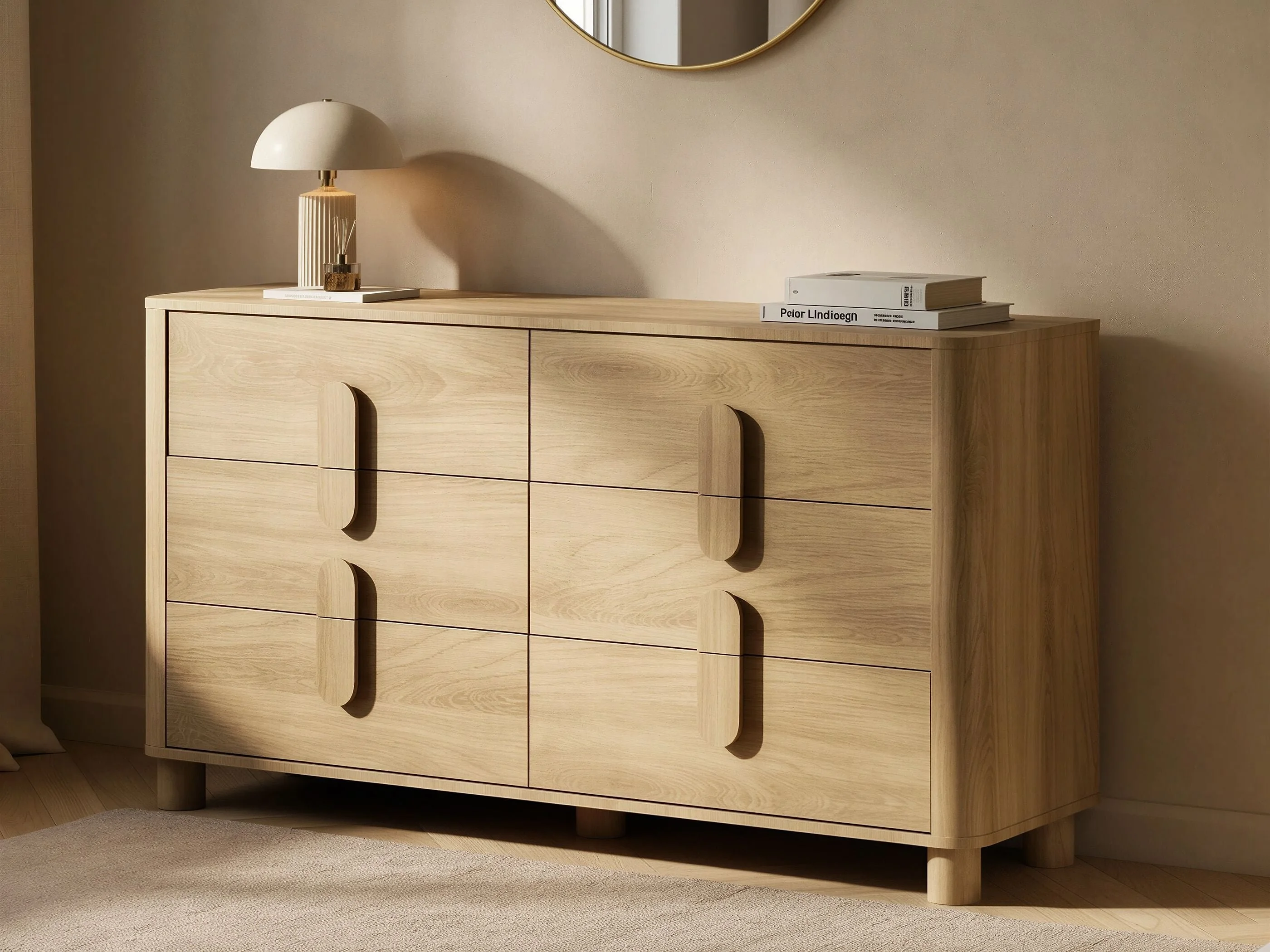 SOLACE+CO Remington 6 drawer wide chest of drawers in walnut effect with pill-shaped handles