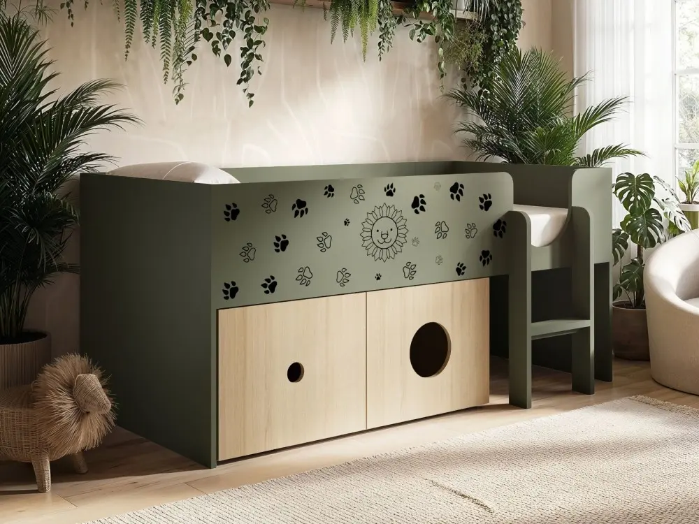 Flair Zaiden single mid sleeper bed in green and oak with safari lion design