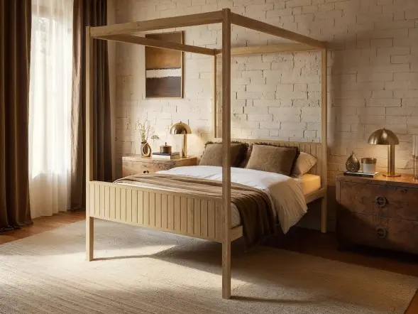 Flair Maddy solid pine 4 poster double bed with slatted panels in a modern bedroom setting 
