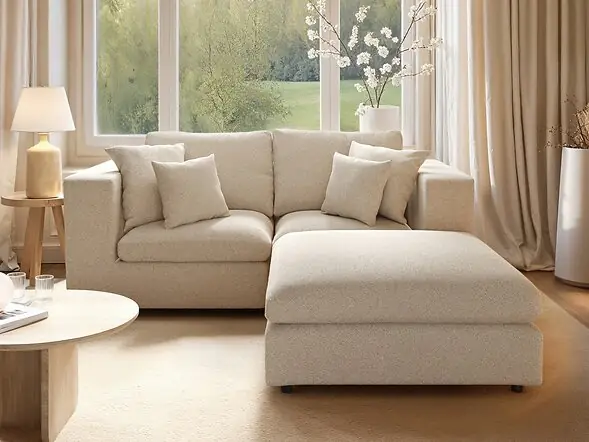 SOLACE+CO Asher 3 Seater Sofa with Reversible Footstool Beige Boucle