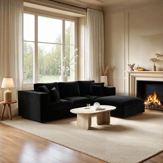 SOLACE+CO Asher 4 Seater Sofa with Reversible Footstool Black Velvet