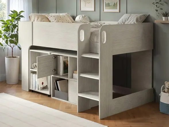 Flair Leo Mid Sleeper with Desk & Storage White Oak