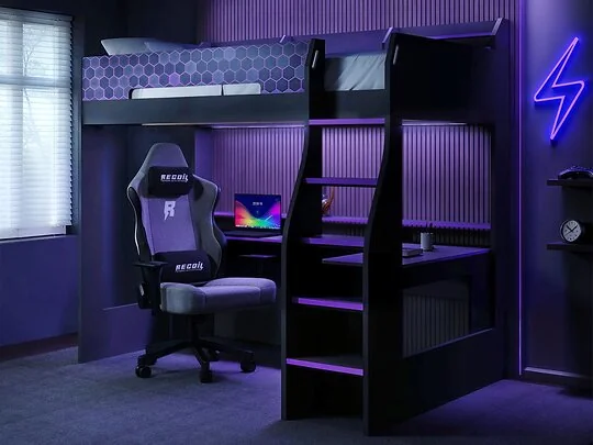 Recoil Ultimate Violet gaming high sleeper with desk in charcoal and purple