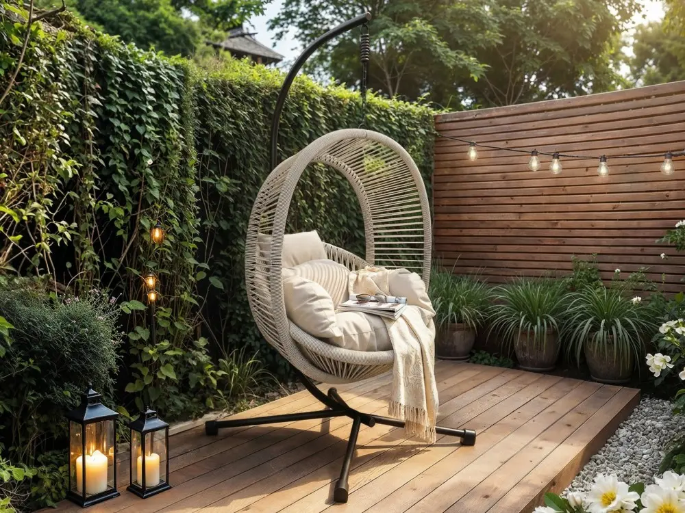 Garden swing chair with cushioned seat and black steel frame
