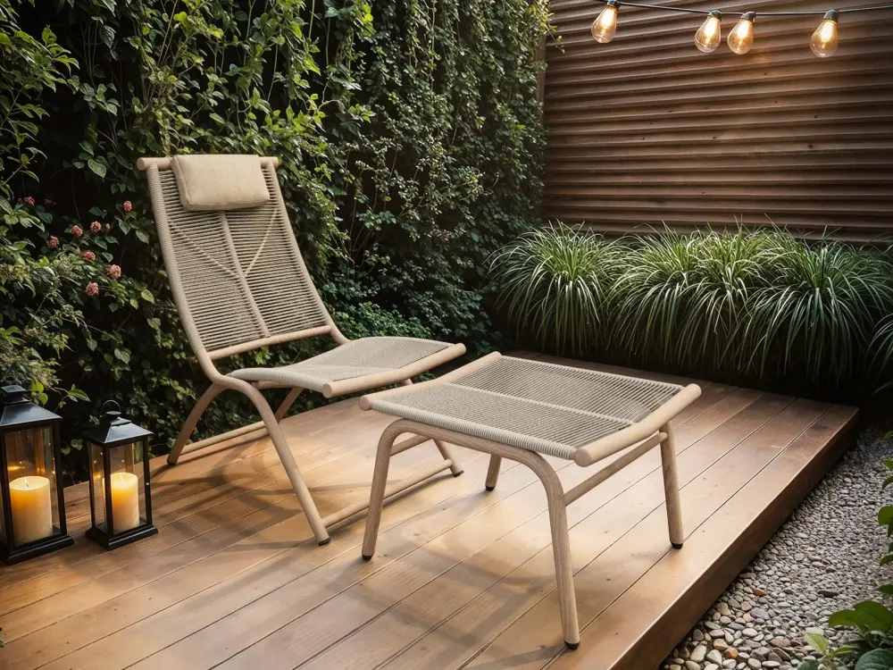 Garden lounge chair with matching footstool on a wooden deck in a modern outdoor setting
