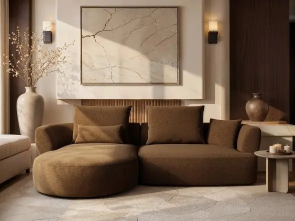 Lia 2 seater curved modular sofa in brown chenille fabric with round chaise section and plush cushions

