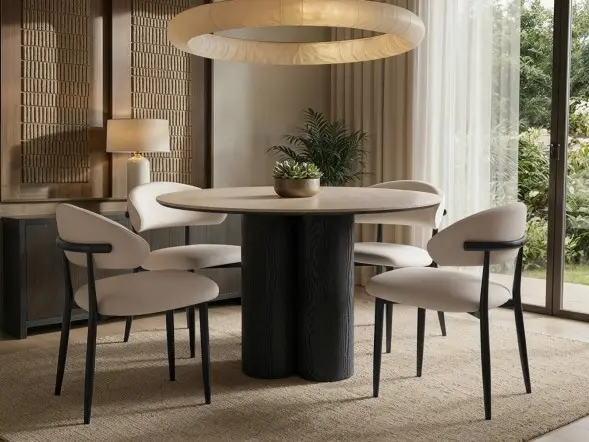 SOLACE+CO Deko and Cyra round table set with 4 beige chenille chairs 