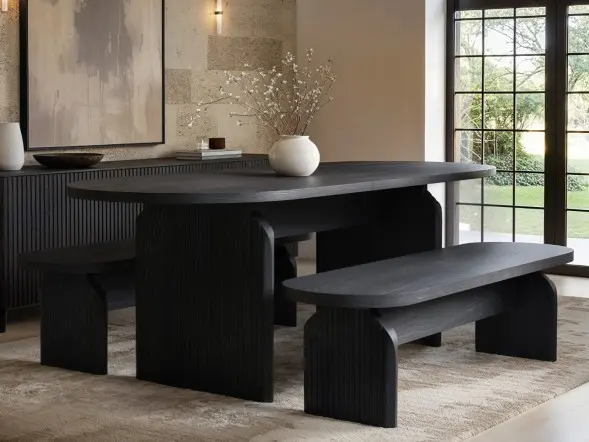 SOLACE+CO Varm Ribbed Oval Extendable Dining Table & 2 Bench Set