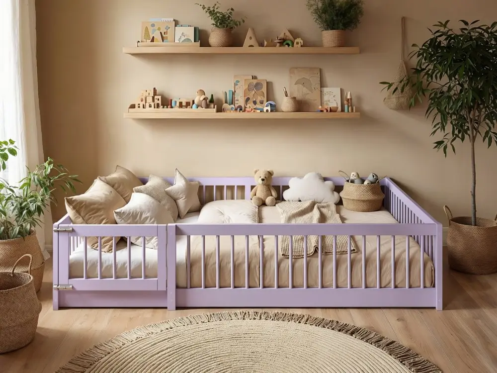Imogen small double toddler bed in solid pine with full safety rails, styled in a soft neutral children’s bedroom
