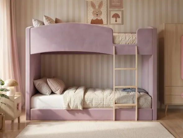 Flair Zoey Single Upholstered Bunk Bed in pink velvet with rounded panels and wooden ladder