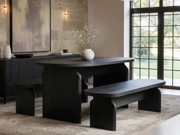 SOLACE+CO Varm Ribbed Oval Extendable Dining Table & 2 Bench Set