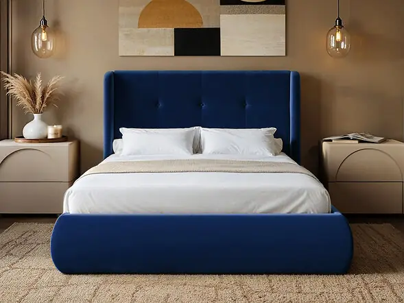 SOLACE+CO Monte Midnight Velvet Winged Button Headboard Ottoman Bed