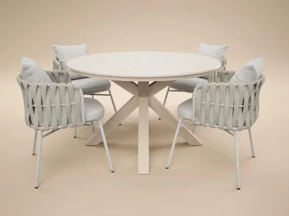 Solace+Co Florence round garden dining table with sintered stone top and four Louisa rope chairs