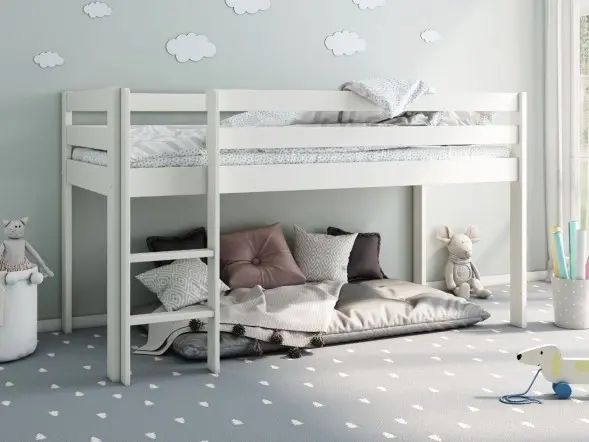 FSC-certified solid pine mid sleeper bed with underbed space and fixed ladder 