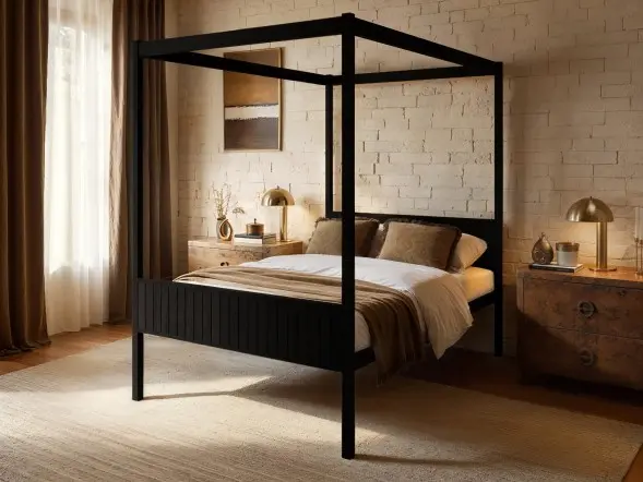 Flair Maddy solid pine 4 poster double bed with slatted panels in a modern bedroom setting 
