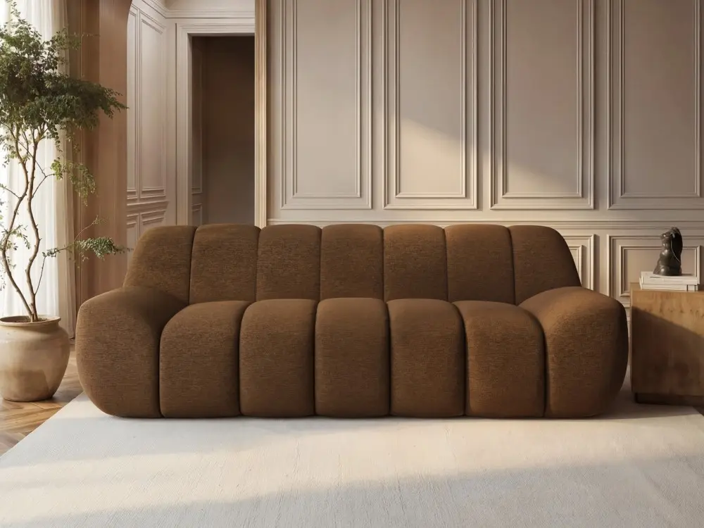 Macy large 3 seater sofa in cream textured fabric with sculpted panel design in a modern living room
