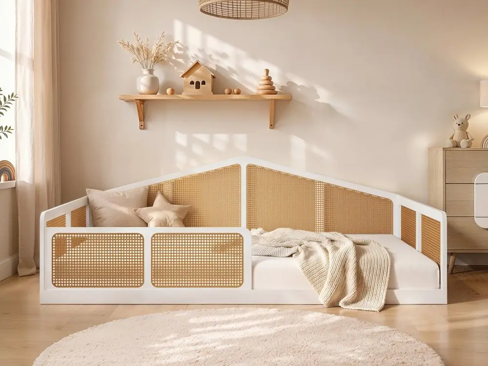 Flair Julian small double Montessori bed with rattan panels in white