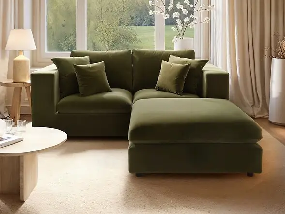 SOLACE+CO Asher 3 Seater Sofa with Reversible Footstool Khaki Green Velvet
