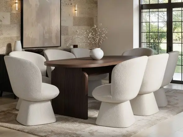 SOLACE+CO Varm Walnut-Effect Ribbed Dining Table with White Aiko Chairs Set
