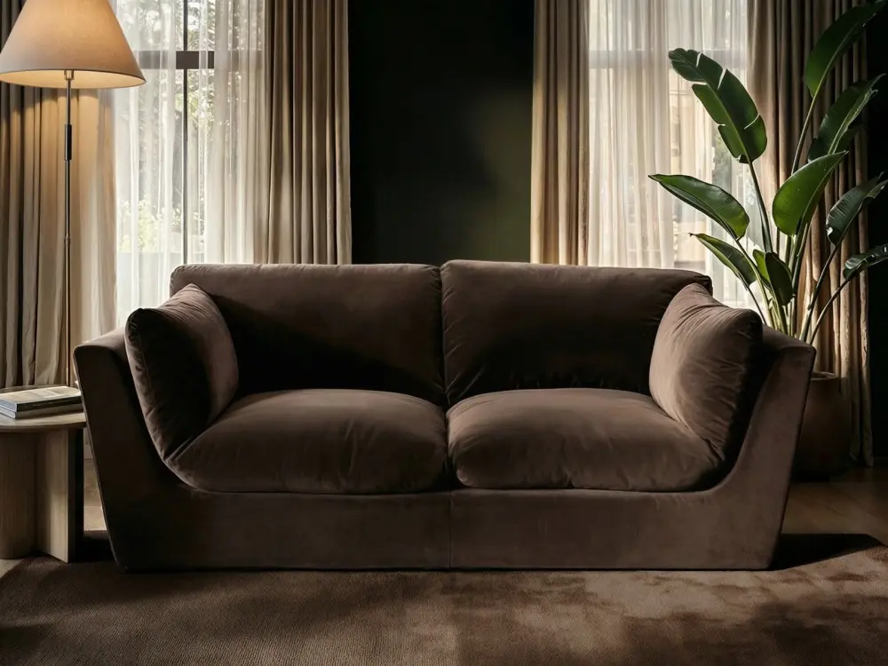 3 seater velvet sofa with minimalist design and deep cushioned seating 
