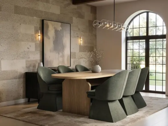 SOLACE+CO Varm Oak Extendable Table & Aiko Green Chairs Dining Set