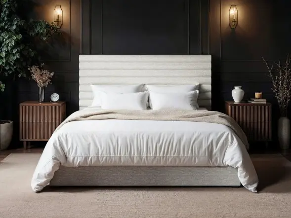 Chenille ottoman bed with horizontal panel headboard and lift-up storage base in a modern bedroom with dark walls and wooden flooring.
