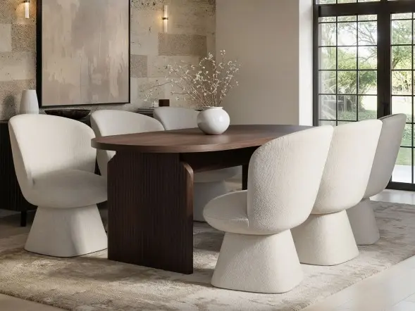 SOLACE+CO Varm Walnut-Effect Ribbed Dining Table with White Aiko Chairs Set