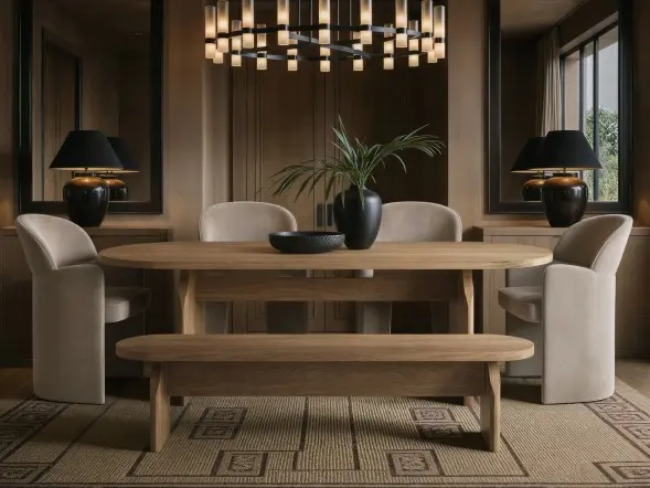 Varm oak effect extendable dining table with Estella velvet chairs and matching bench 
