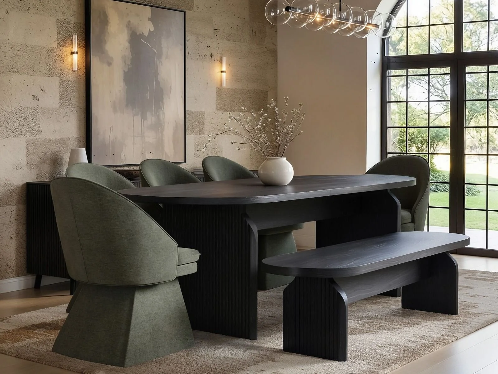 SOLACE+CO Varm Black Extendable Table with Bench & Aiko Green Chairs Dining Set – view 15