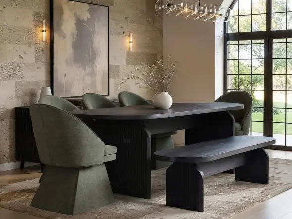 SOLACE+CO Varm Black Extendable Table with Bench & Aiko Chairs Dining Set 5 Chairs