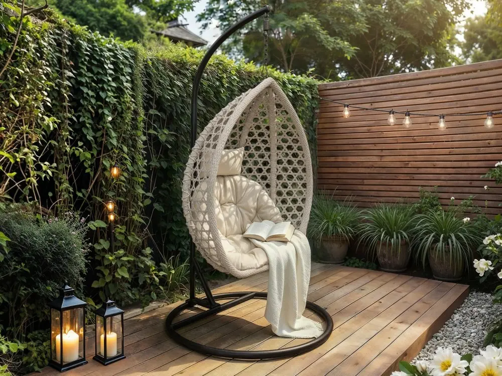Grey PE rattan garden swing chair with cushioned seat and black steel frame

