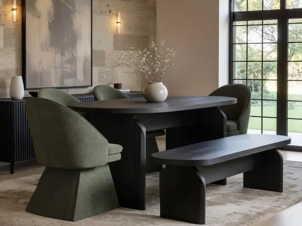 SOLACE+CO Varm Dining Set with Black Table, Bench & 4 Aiko Green Chairs