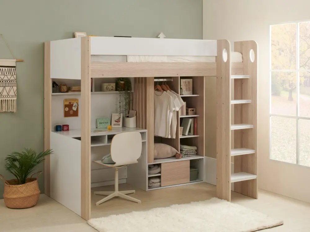 Flair Hampton Single High Sleeper Bed with desk and wardrobe in White and Oak 
