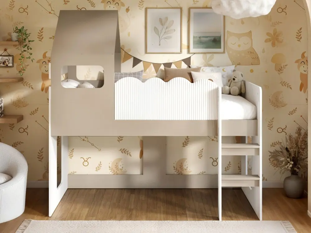 White house-style mid sleeper bed with ladder in a neutral children’s bedroom.
