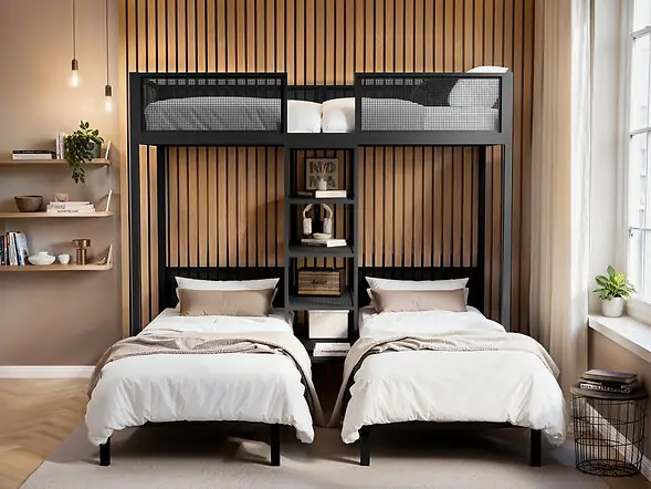 Flair Axton black metal triple bunk bed with central shelves 
